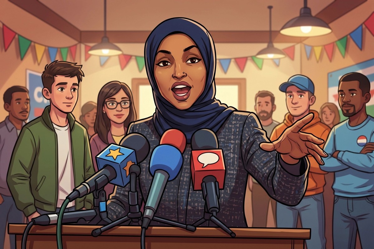 Illustration of Rep. Ilhan Omar speaking at a podium before a crowd of reporters and microphones