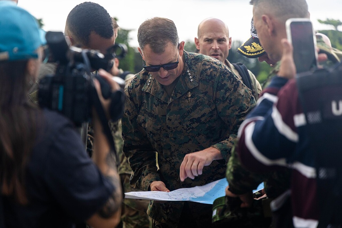 SOUTHCOM commander Gen. Francis Donovan studying a map during a site survey in Colombia